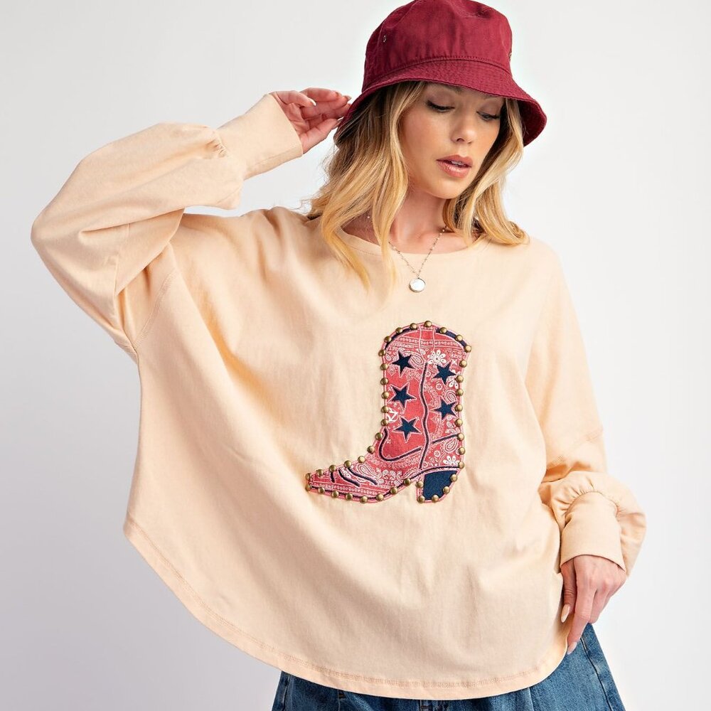 Easel Pull On Your Boots Appliqué Oversized Top